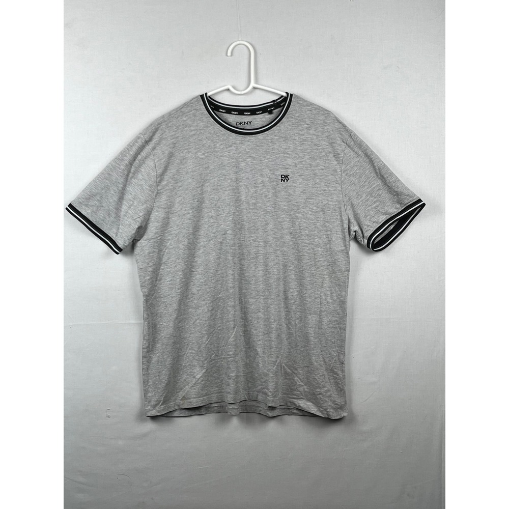 DKNY T-Shirt Mens XL Ringer Crew‎ Neck Short Sleeve Logo Heather Gray